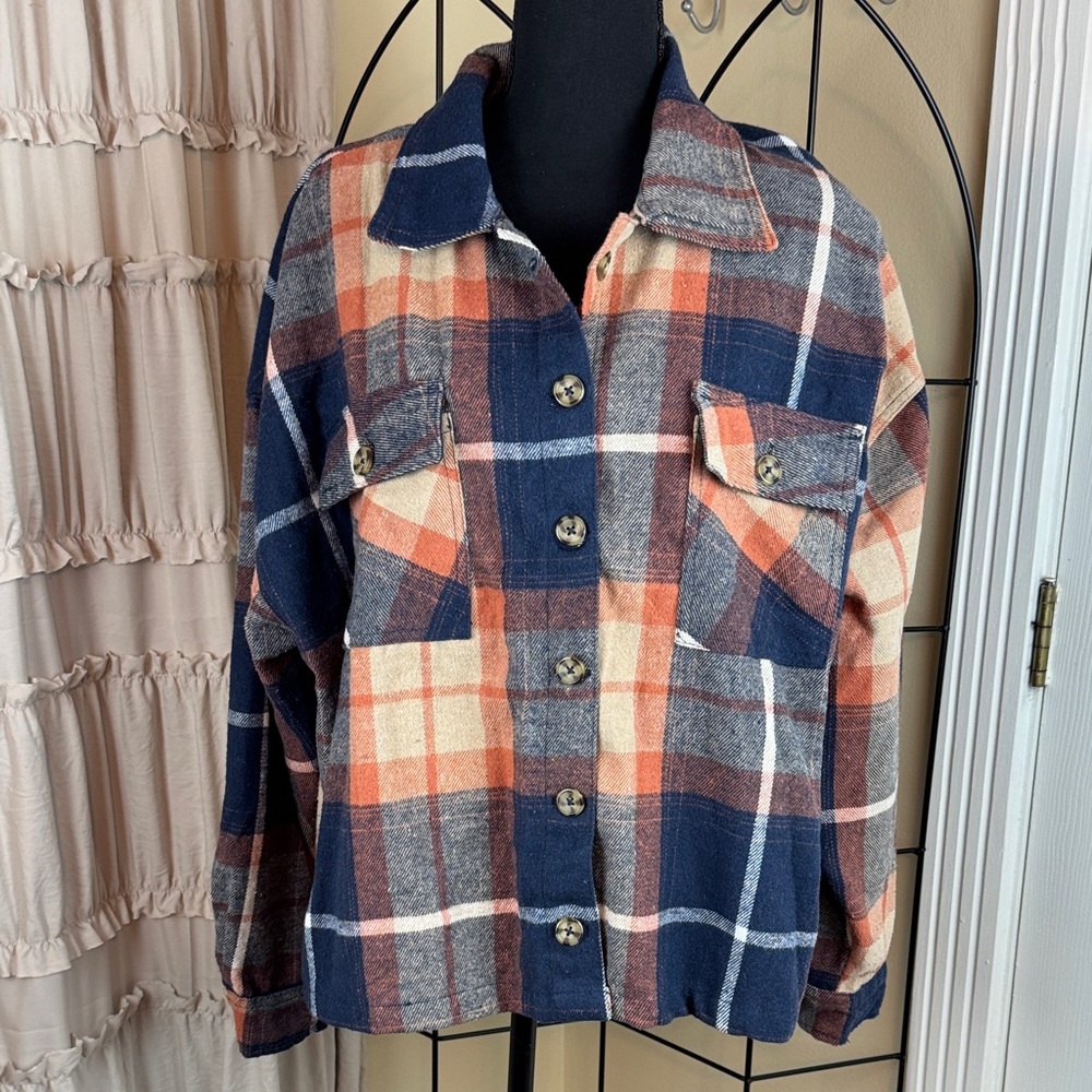 Taxi Plaid Flannel Button Down Shirt Blue, Orange, Cream Size 3X EUC
